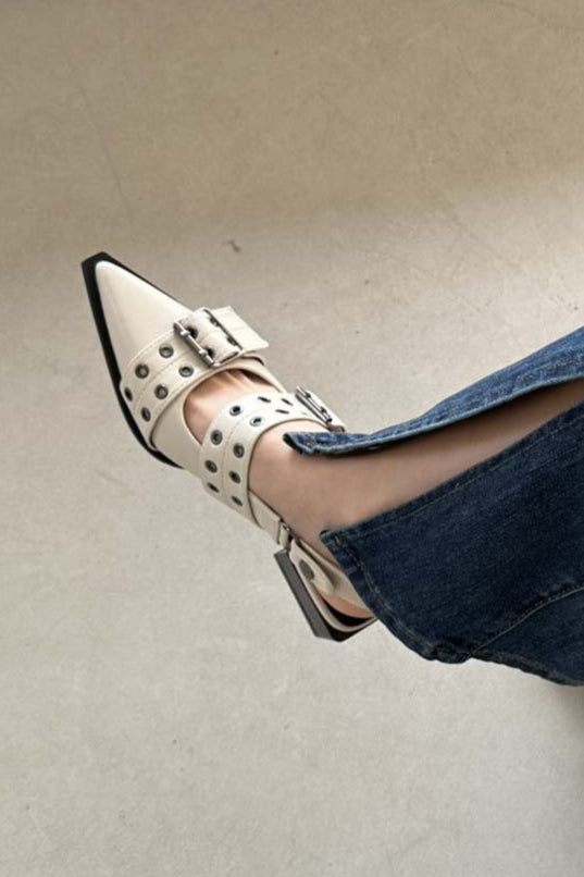 Pointed Buckle Slingback Block-Heel Shoes