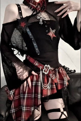 Asymmetrical Plaid Patchwork Hollow Out Mini Dress