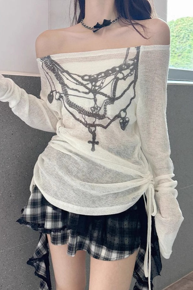 Y2K Off-Shoulder Mesh T-Shirt Secondary image