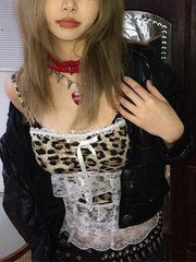 Y2K Spicy Girl Lace Patchwork Leopard Cami