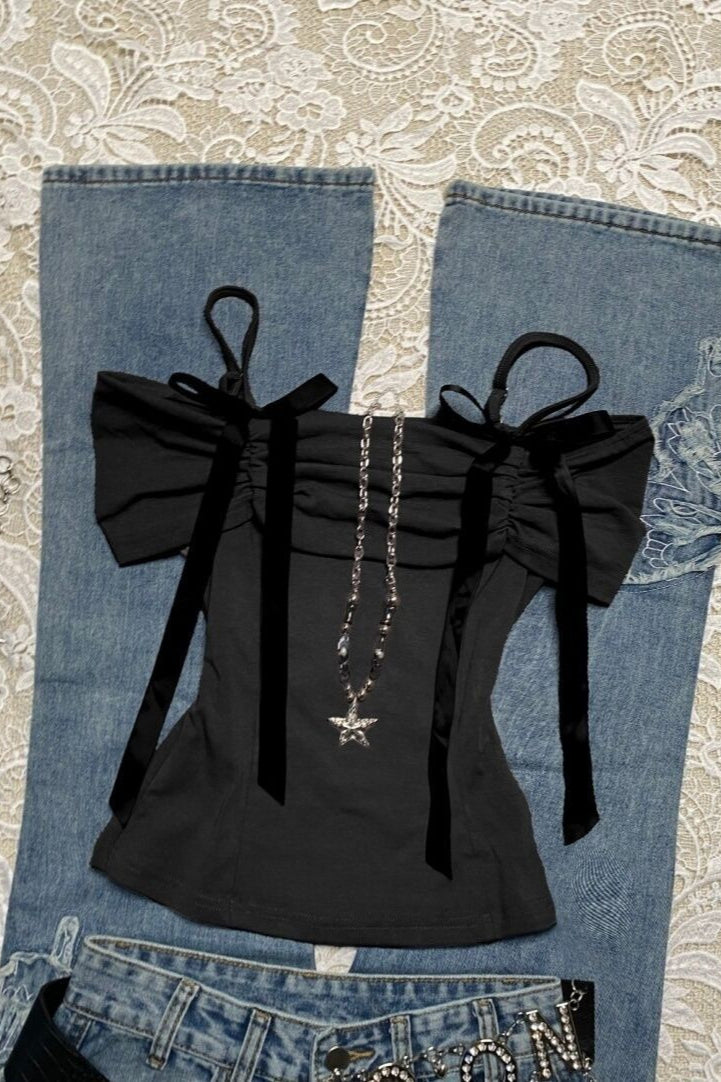 Bow Off Shoulder Ruched Crop Top