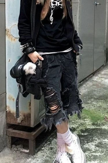Punk Deconstructed Ripped Cropped Denim Shorts Secondary image