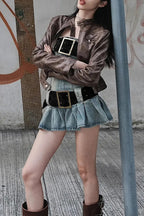 Y2K Washed Denim Pleated Strapless Mini Dress