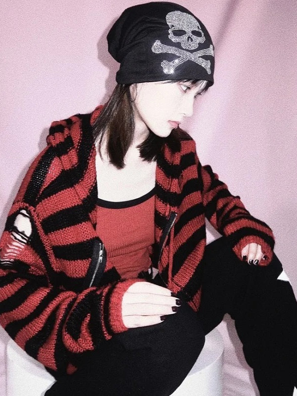 Harajuku Gothic Skull Striped Knitted Zipper Hoodie Secondary image