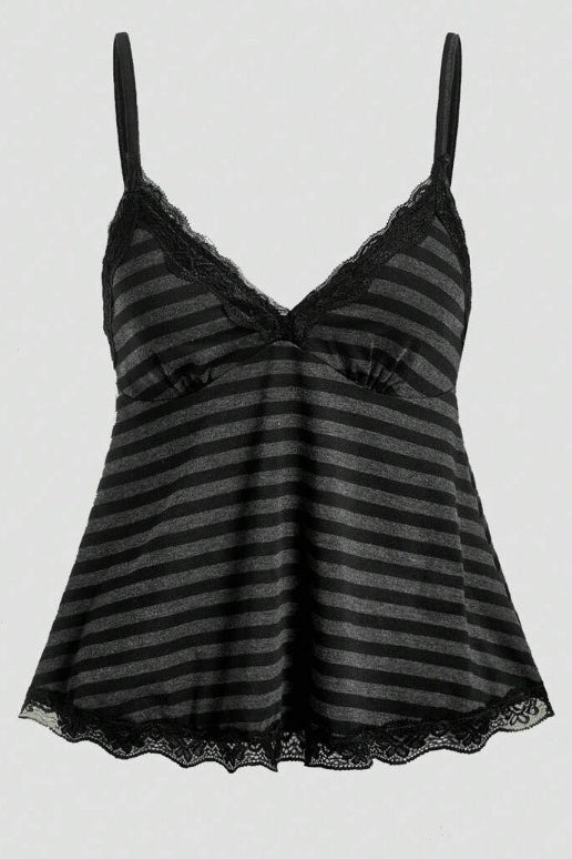 Striped Lace Trim Flared Tank Top Secondary image