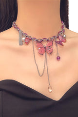 Pink Butterfly Tassel Pendant Leather Necklace