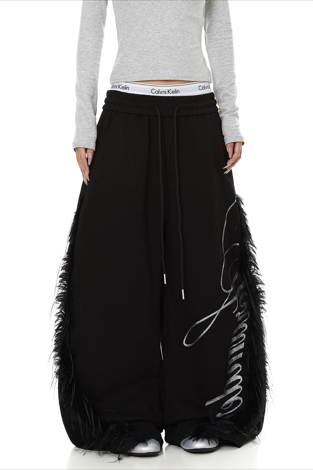 Fringed Side Script Wide Pants