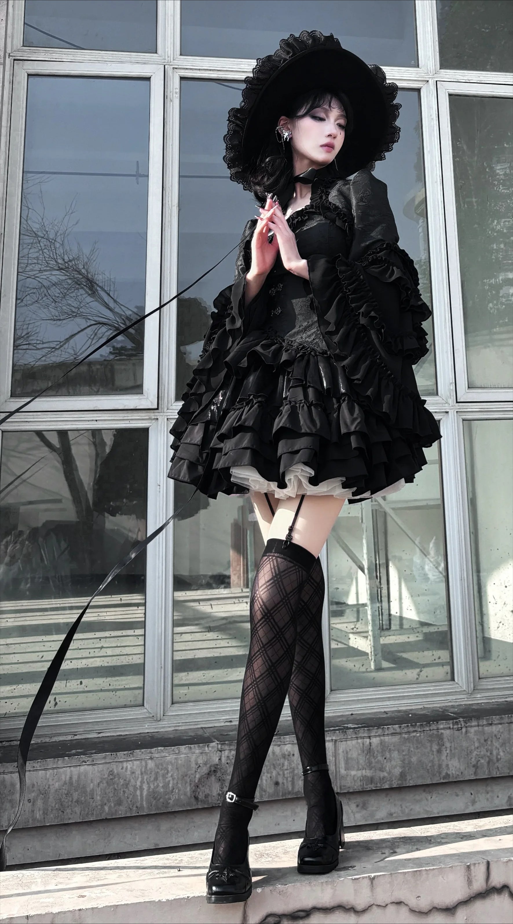 Gothic Horn Sleeve Ruffled Blouse