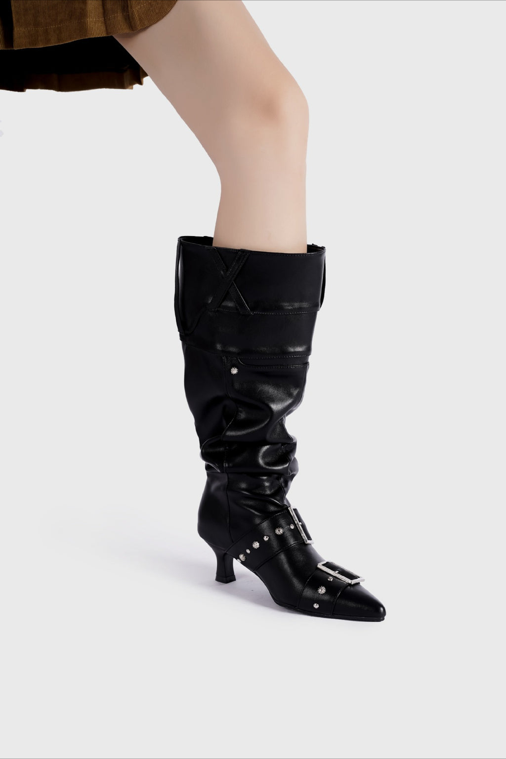 Pointed Buckle Slouch Knee-High Boots