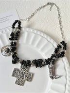 Punk Black Crushed Stone Cross Necklace