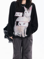 Y2K Goth Cat Print Oversized Knit Top