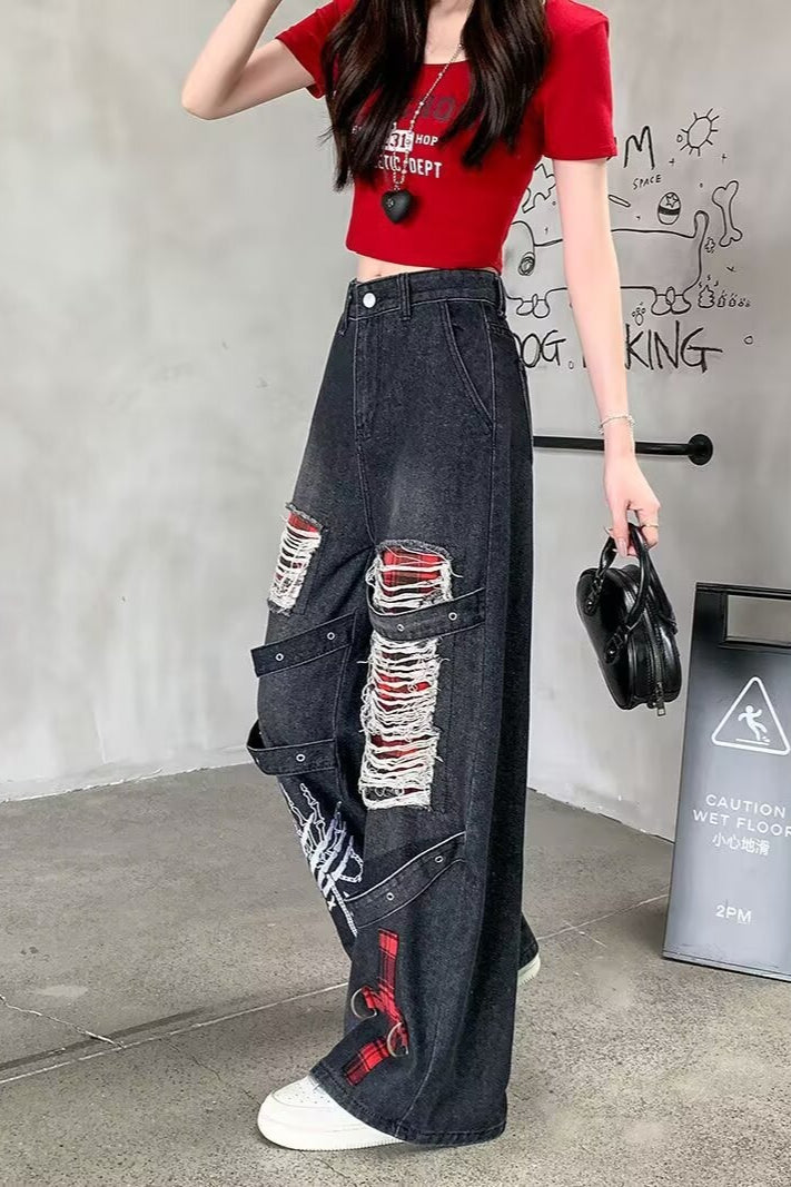 Distressed Graphic Wide Leg Jeans