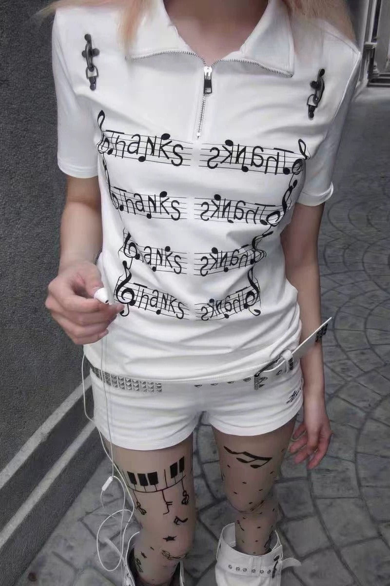 Note Printed Slim Stand Collar T-shirt Secondary image