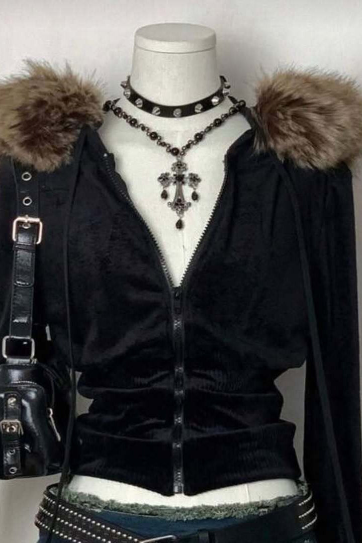 Velvet Fur Pom Drawstring Zip Hoodie Main image