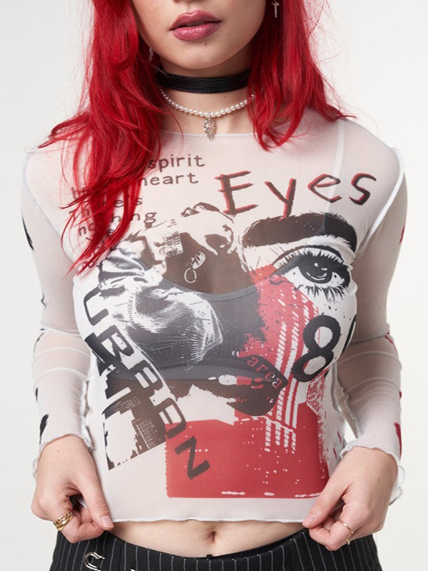 Gothic Punk Long Sleeve Printed Mesh Top Main image