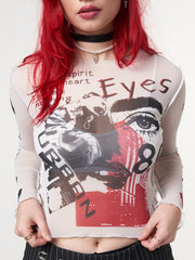 Gothic Punk Long Sleeve Printed Mesh Top