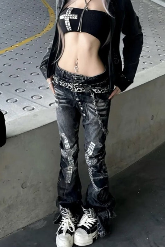 Rhinestone Cross Low-Rise Flare Jeans