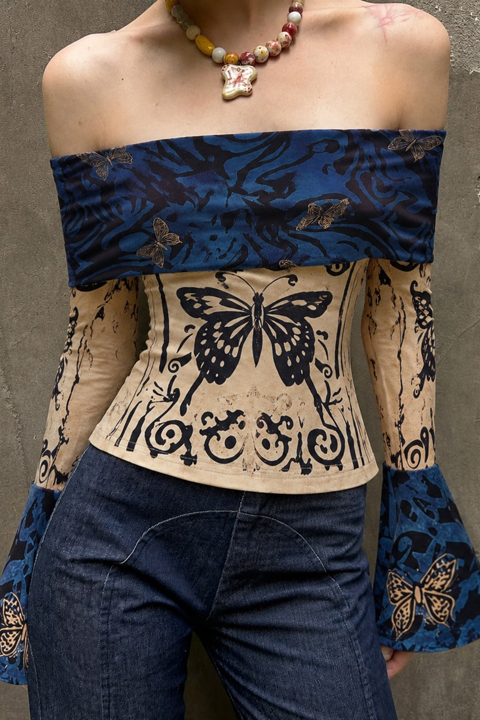 Butterfly Foldover Flared Sleeve Crop Tops