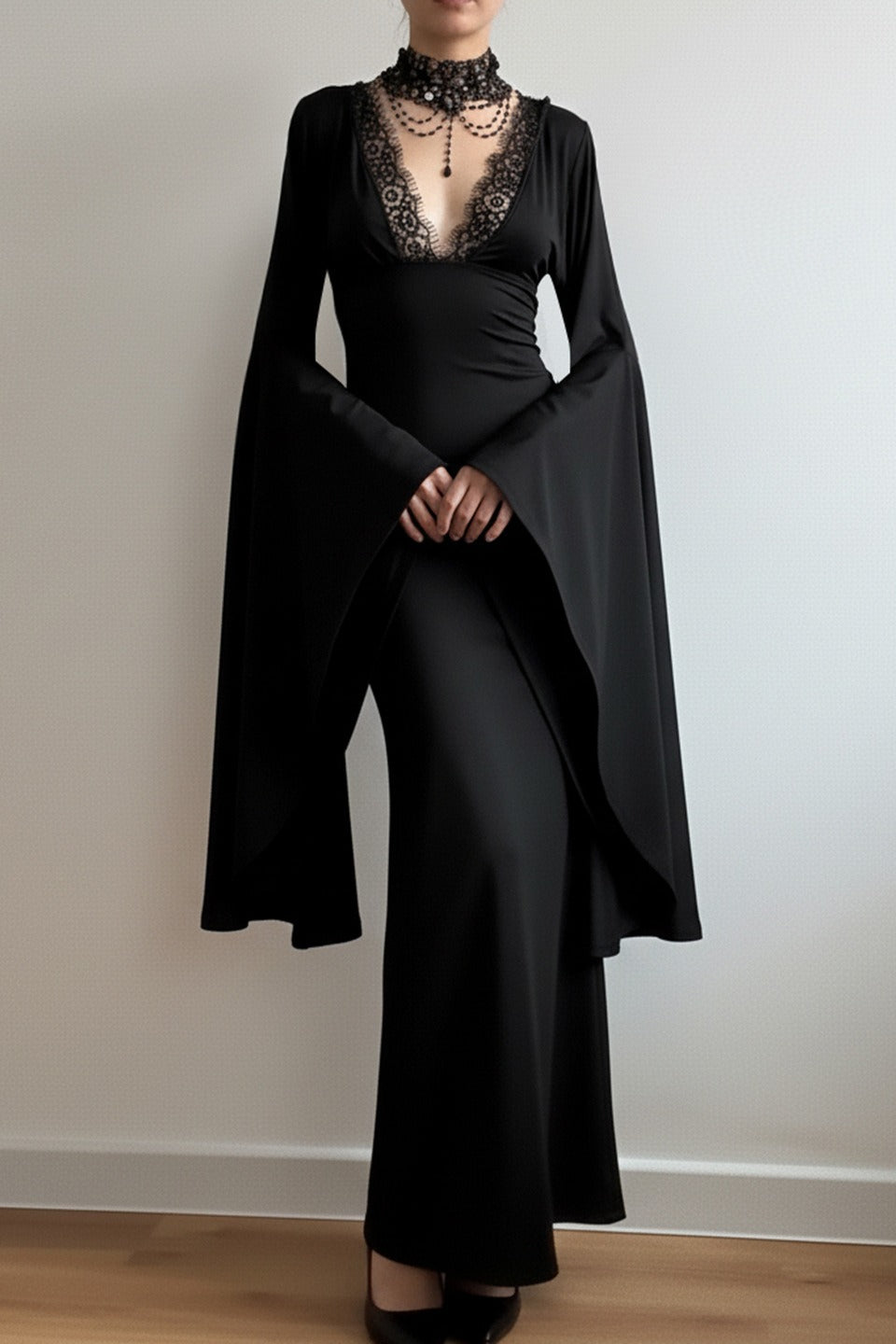 Gothic Batwing Sleeve Lace Backless Maxi Dress Main image