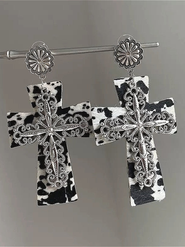 Gothic Dark Red Leopard Print Cross Earrings Secondary image
