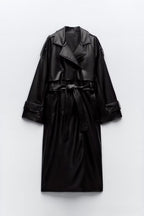 Belted Faux Leather Oversized Long Trench Coat
