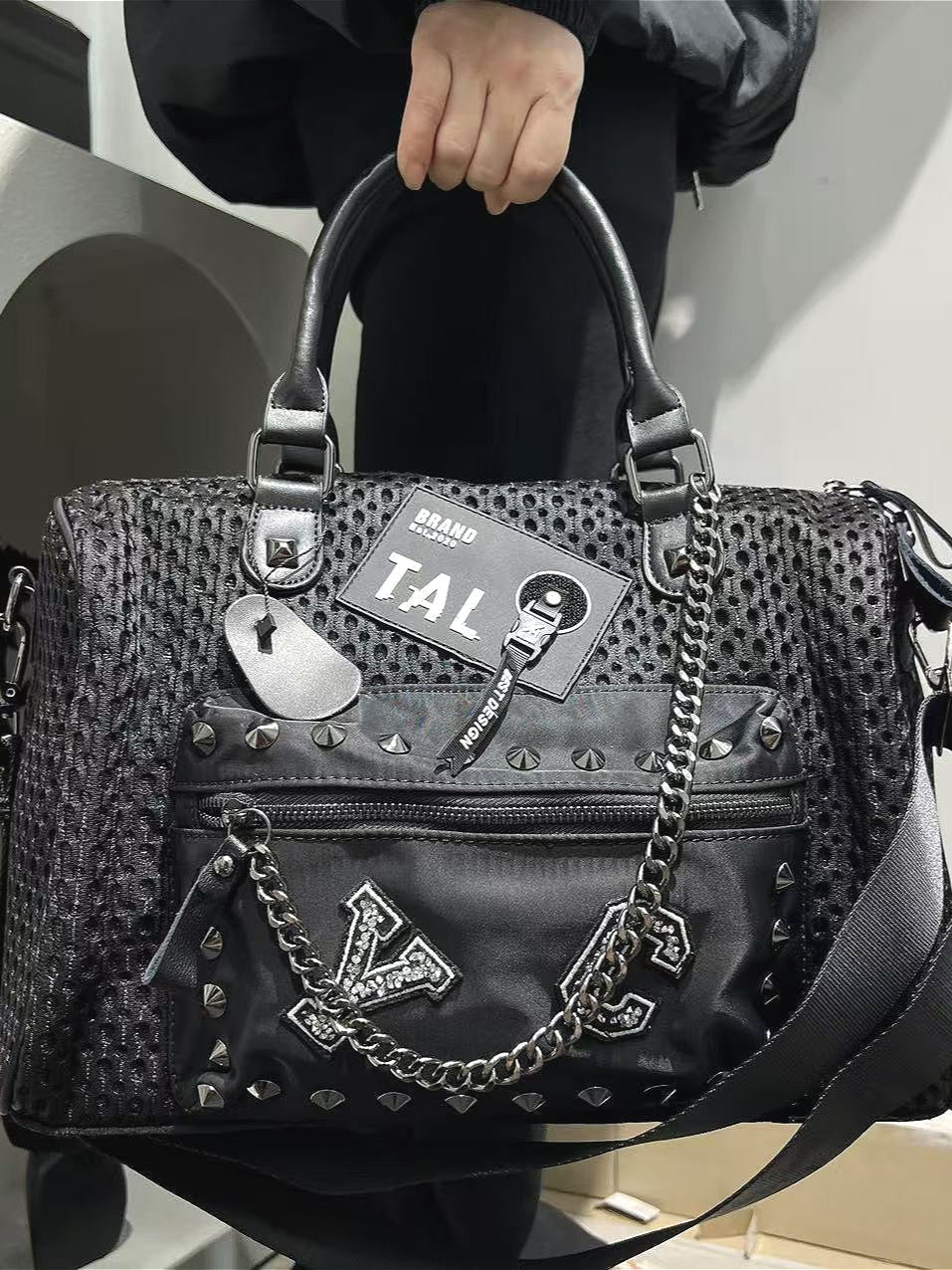 Studded Chain Mesh Spliced Handbag