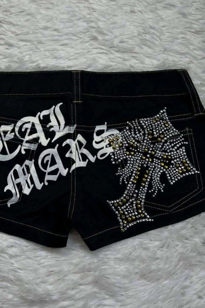 Rhinestone Cross Print Low-Rise Hot Pants