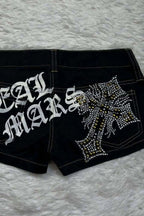 Rhinestone Cross Print Low-Rise Hot Pants
