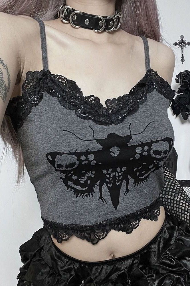 Dark Moth Print Lace Splice Cami