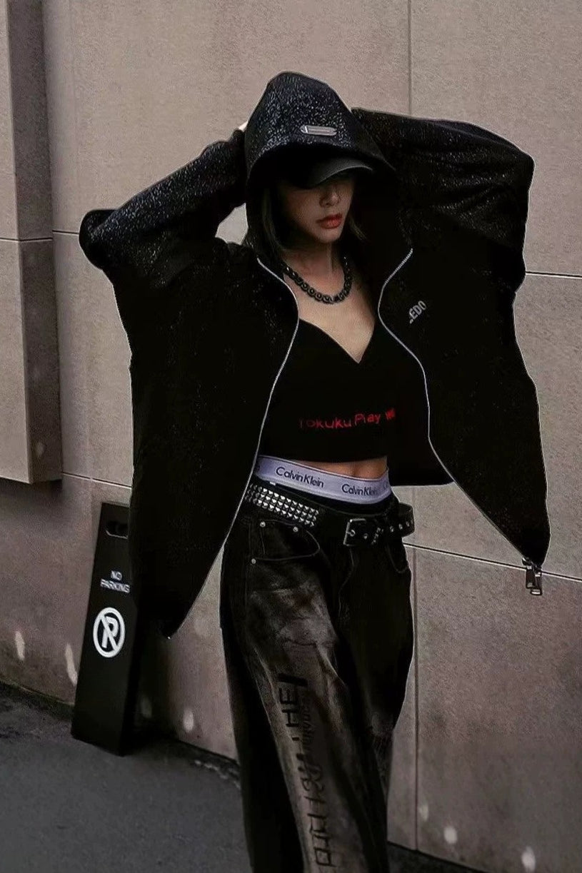 Textured Letter Graphic Zip Hoodies