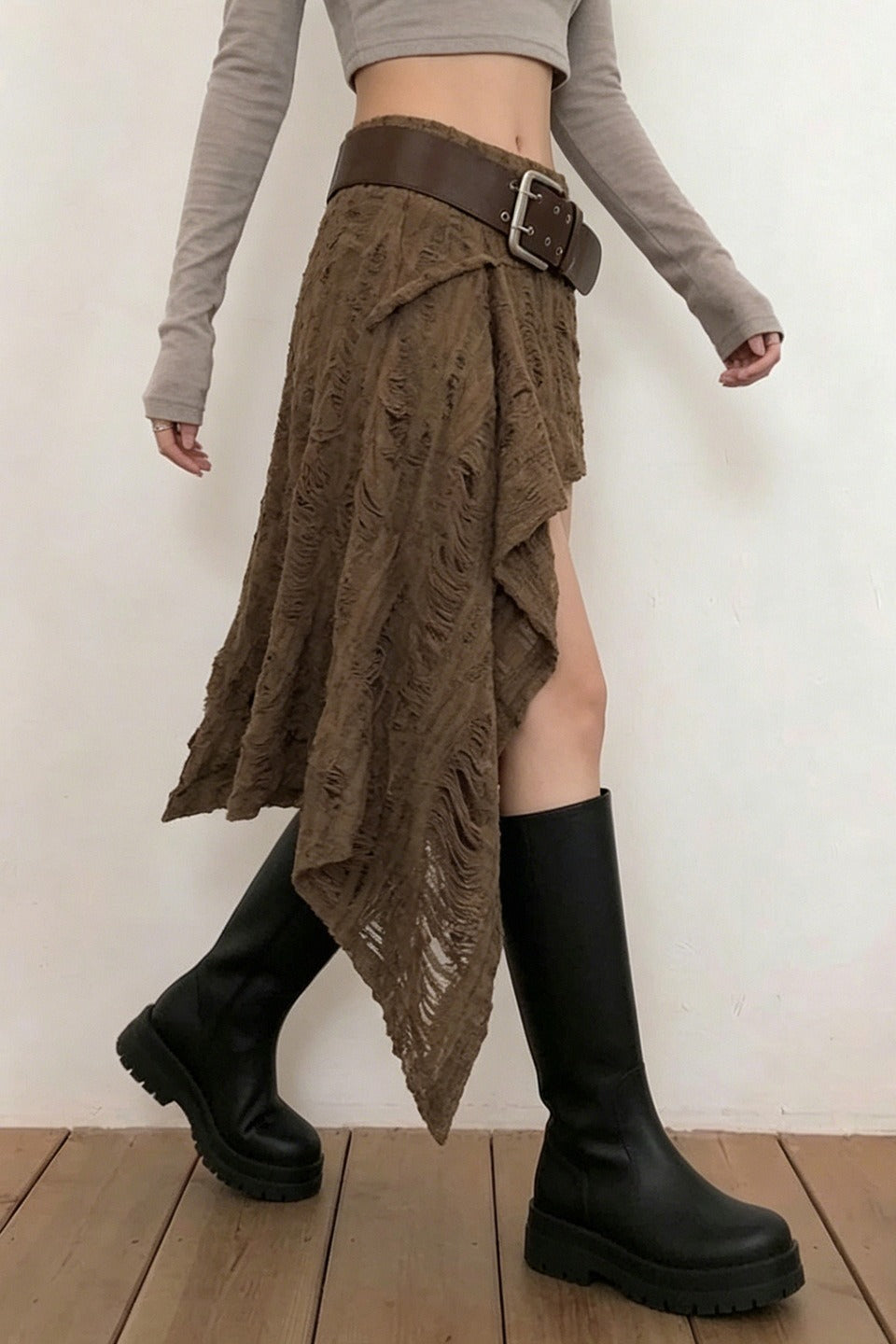 Textured Asymmetric Draped Mini Skirts