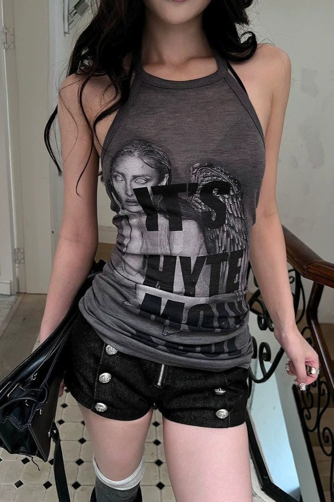 Portrait Letter Graphic Halter Tank Top