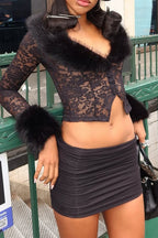 Fluffy Trim Lace Cardigan Skirt Sets