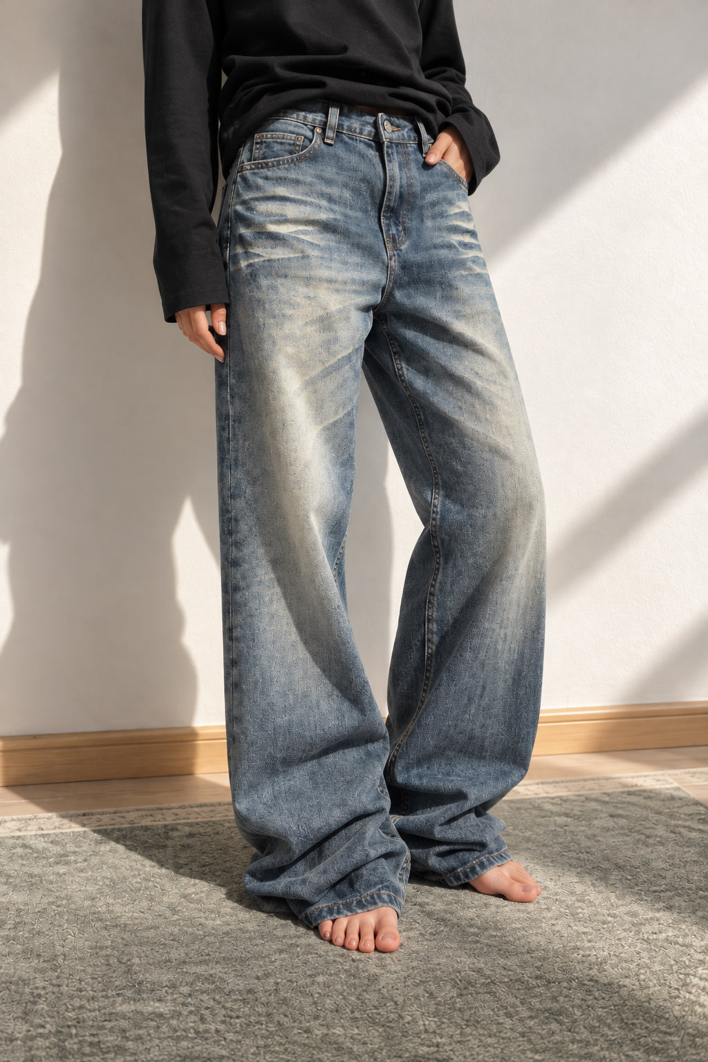 Embroidered Slouchy Straight Denim Trousers