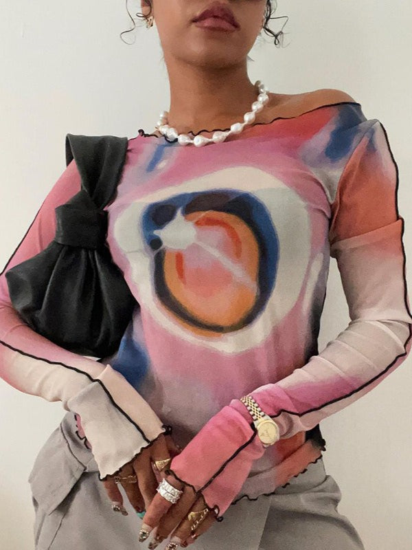 Round Neck Long Sleeve Print Mesh Top Secondary image