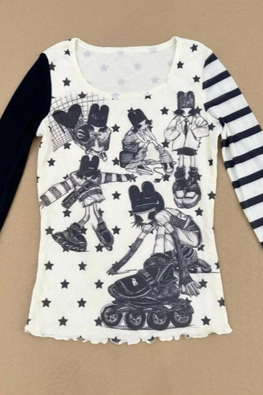 Y2K Star Stripe Asym Patchwork Slim Long Sleeve T-shirt Secondary image