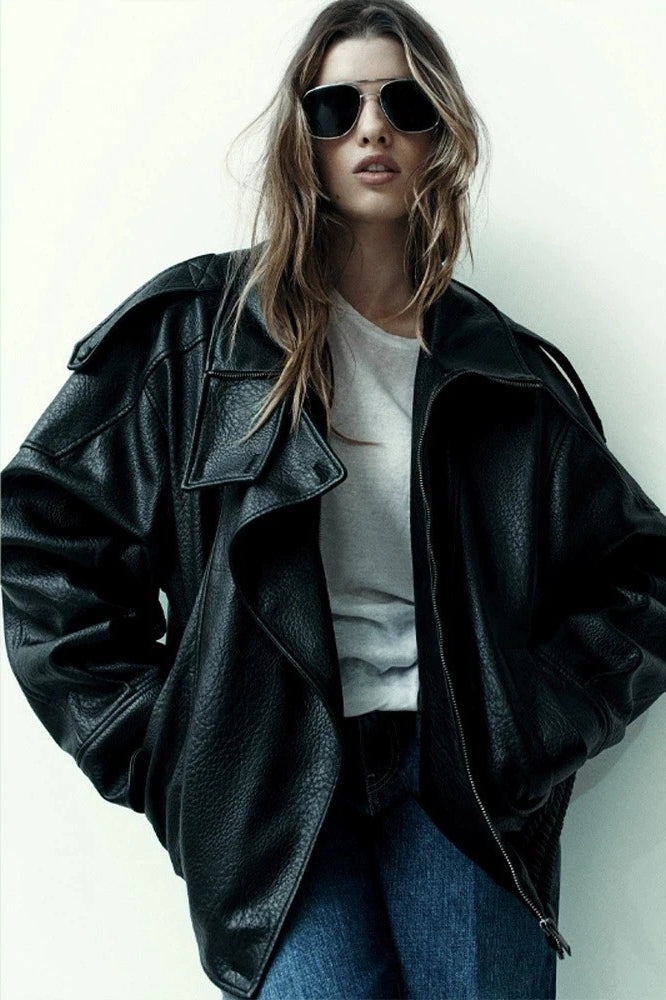 Long Sleeve Stand Collar Leather Jacket