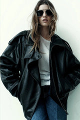 Long Sleeve Stand Collar Leather Jacket