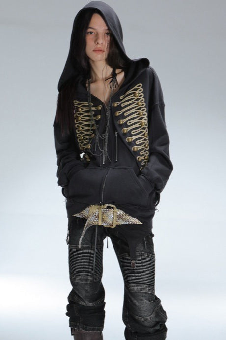 GothicPunkMetal Detail Zip-Up Hoodie