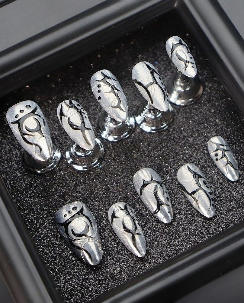 Cyberpunk Silver Mecha Press On Nails Secondary image