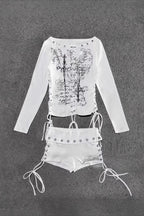 Y2K Graphic Long Sleeve Top And Shorts Set