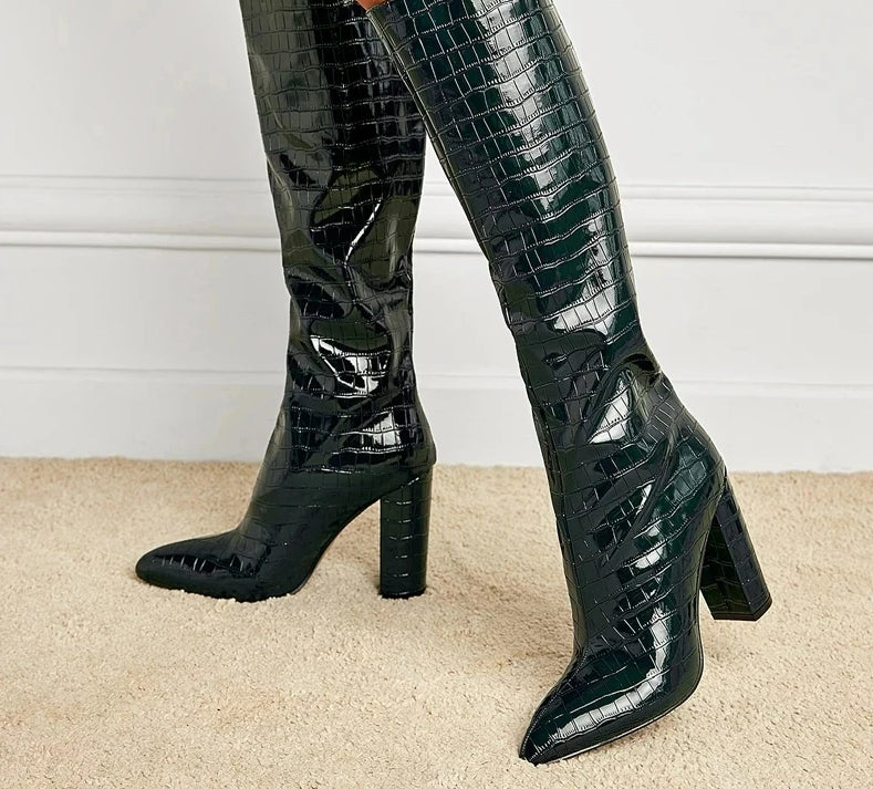 Solid Color Snake Pattern Knee-High Punk Boot Main image