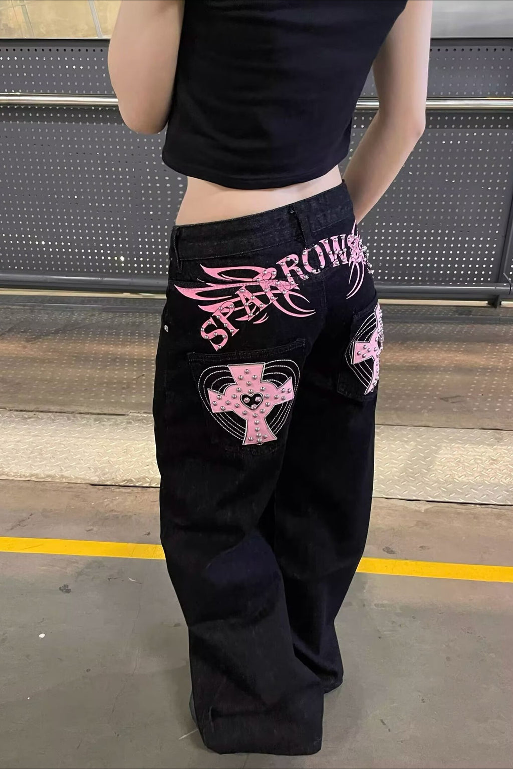 Pink Cross Rhinestone Wide Leg Jeans