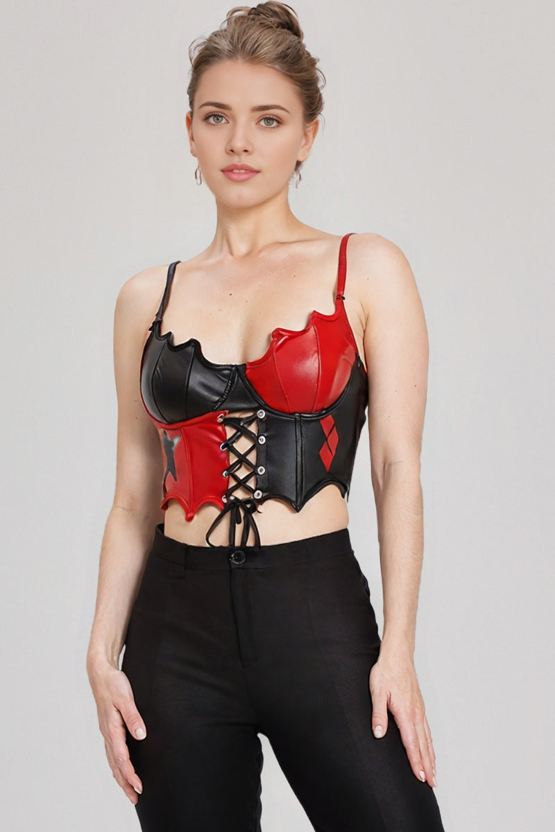 Punk PU Printed Lace Up Strap Boned Corset