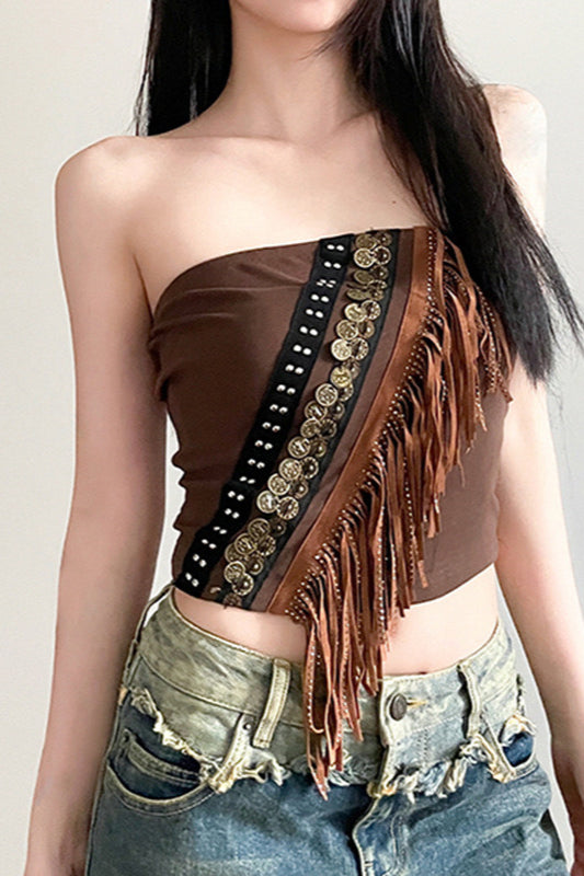 Boho Metal Trim Fringe Tube Top