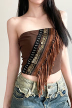 Boho Metal Trim Fringe Tube Top