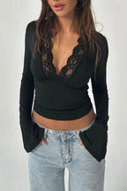 Slim Deep V Bell Sleeve Lace Trim Knit Top