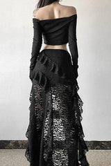 Punk Gothic Lace Ruffle Irregular Midi Skirt