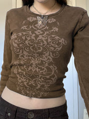 Retro Print Slim Crewneck Long Sleeve Crop Top