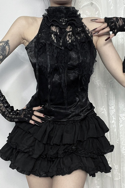 Gothic Ruched Rose Web Bow Tank Top Secondary image